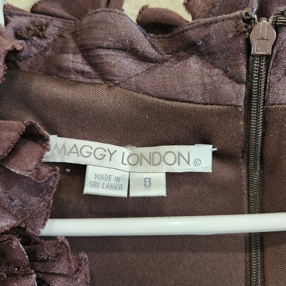 Maggy London Elegant Shimmer Brown Rosette Ruffle Tiered Evening Dress Size 8 - Picture 5 of 6